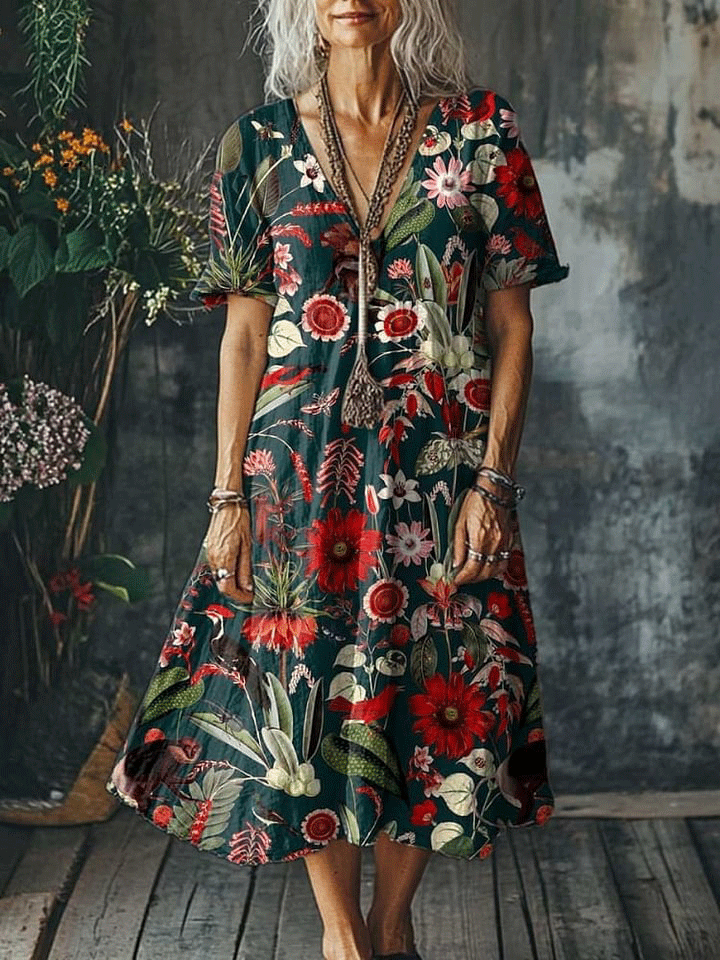 Women's Vintage Lovely Floral Art Print Pocket Cotton Dress