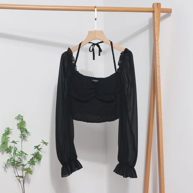 Uveng Fang Collar Leak Collar Collar Collar Short Shirt 2023 Spring Dress New Lantern Long-Sleeved Collar With Hanging Neck Shirt Women's Top 8876