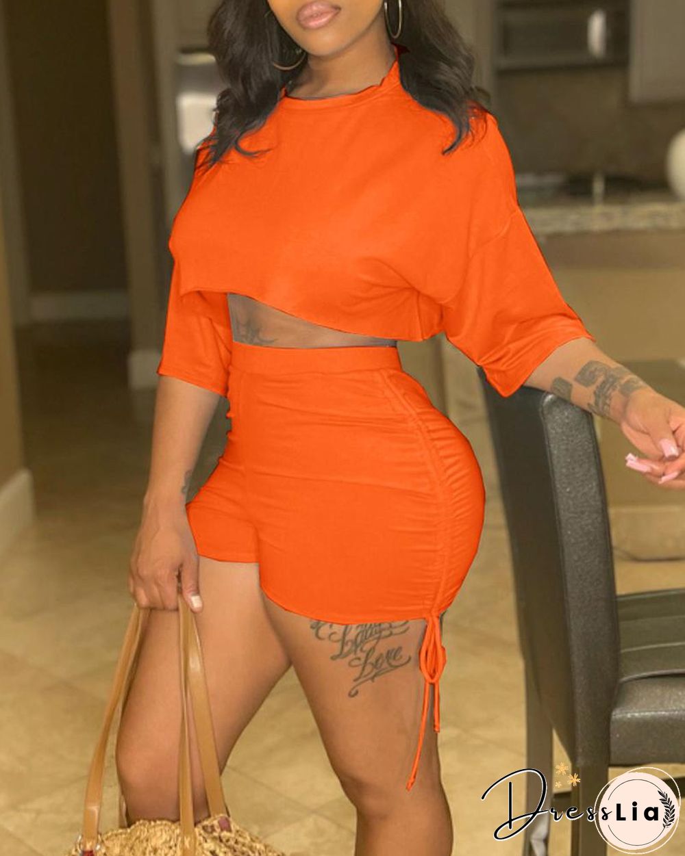 Solid Color Drop Shoulder Crop Top & Drawstring Ruched Shorts Set