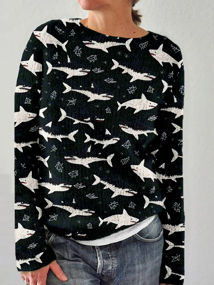 Ocean Shark Embroidery Art Crew Neck Cozy Sweater