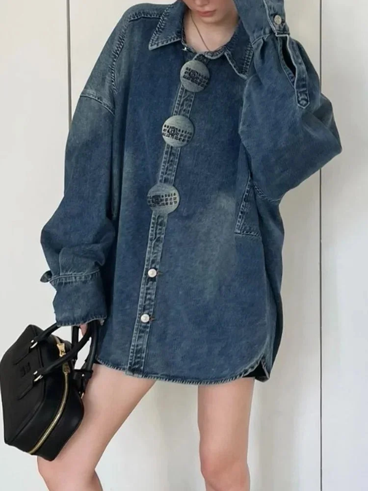 Luxury Oversized Blue Lapel Badge Buttoned Long Sleeve Denim Shirt