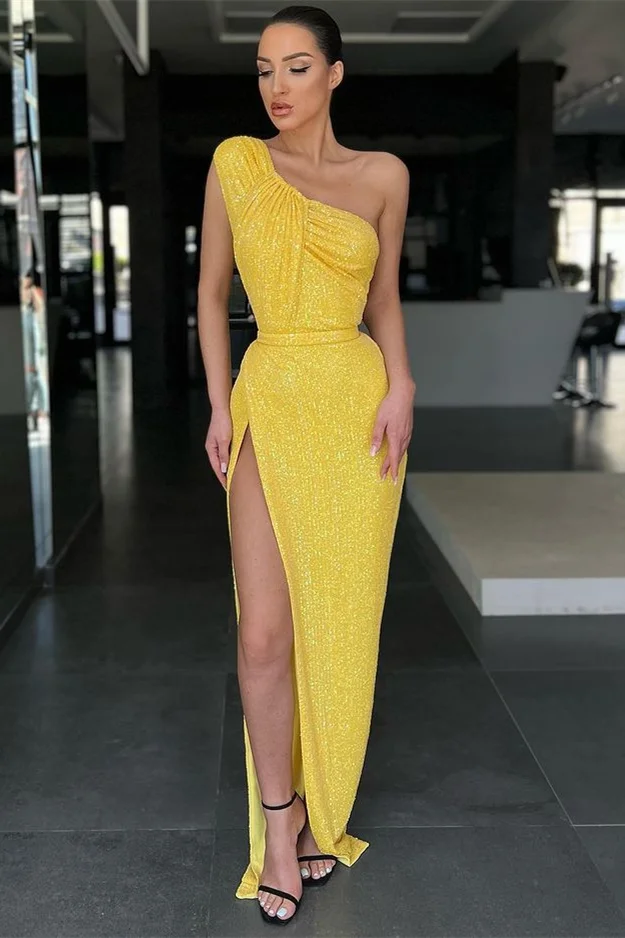 Daisda Yellow Mermaid One-Shoulder Evening Dress Sequins With Split