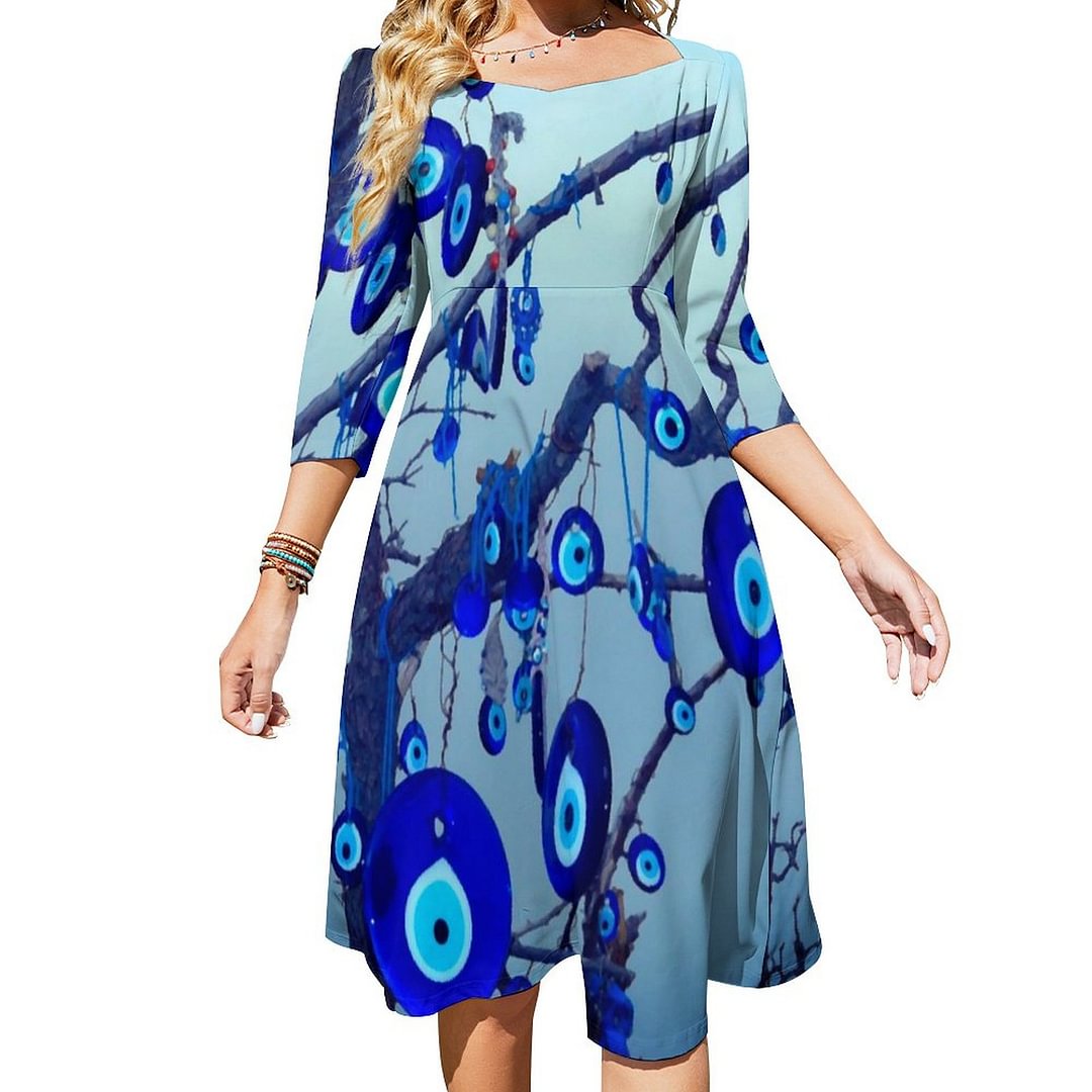 Ancient Protection Agaisnt The Evil Eye Dress Sweetheart Tie Back Flared 3/4 Sleeve Midi Dresses