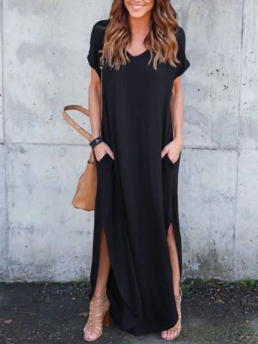 Casual Style Solid Color Short Sleeves High Split Maxi Dress