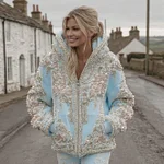 Women's Vintage Flower Embroidery Art Casual Zip Up Hoodie - Image 4