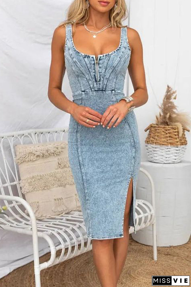 Sexy Solid Slit U Neck Sleeveless Regular Denim Dresses