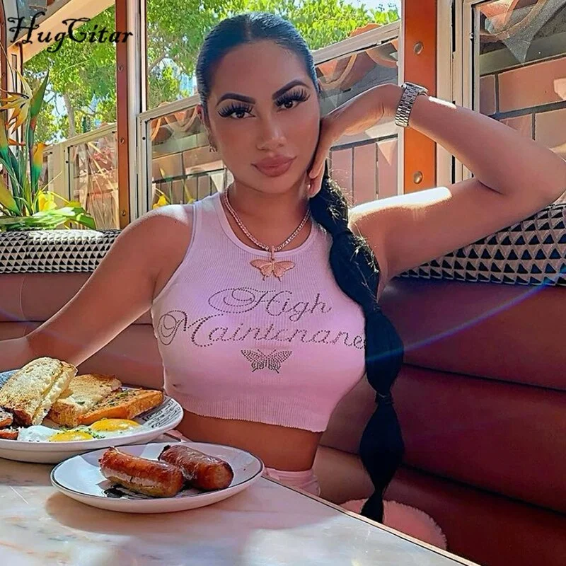 Hugcitar 2020 Sleeveless Letter Print Ribbed Canale Sequined Tank Top Autumn Winter Women Sexy Streetwear Casual Clothings