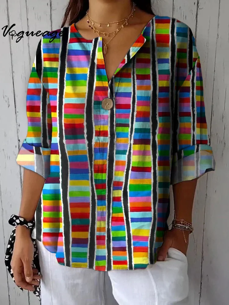 Fashion Design Colorful Vertical Lines Printed Cotton And Linen Shirt