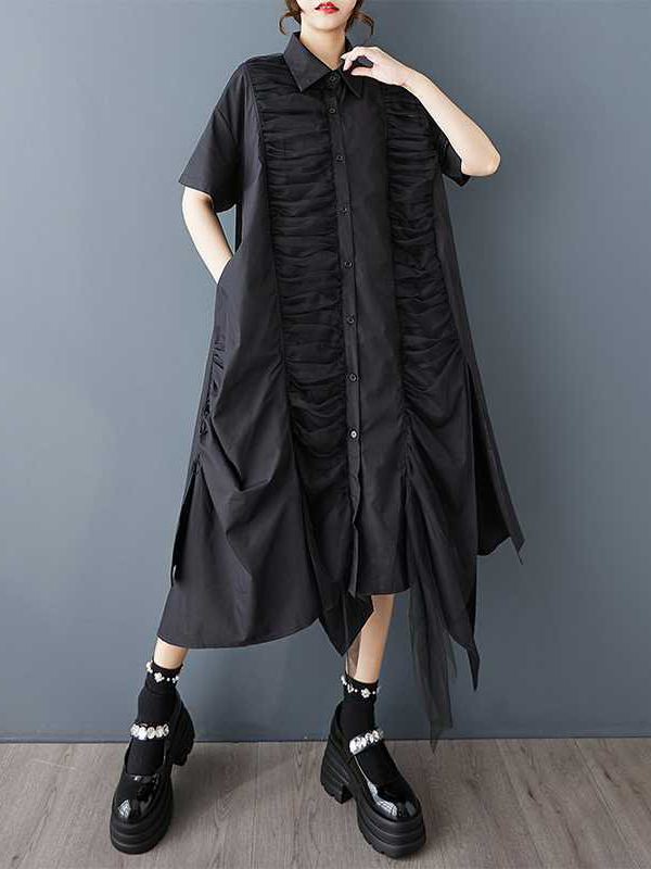 Mesh Patchwork Irregular Hem Shirt Midi Dress