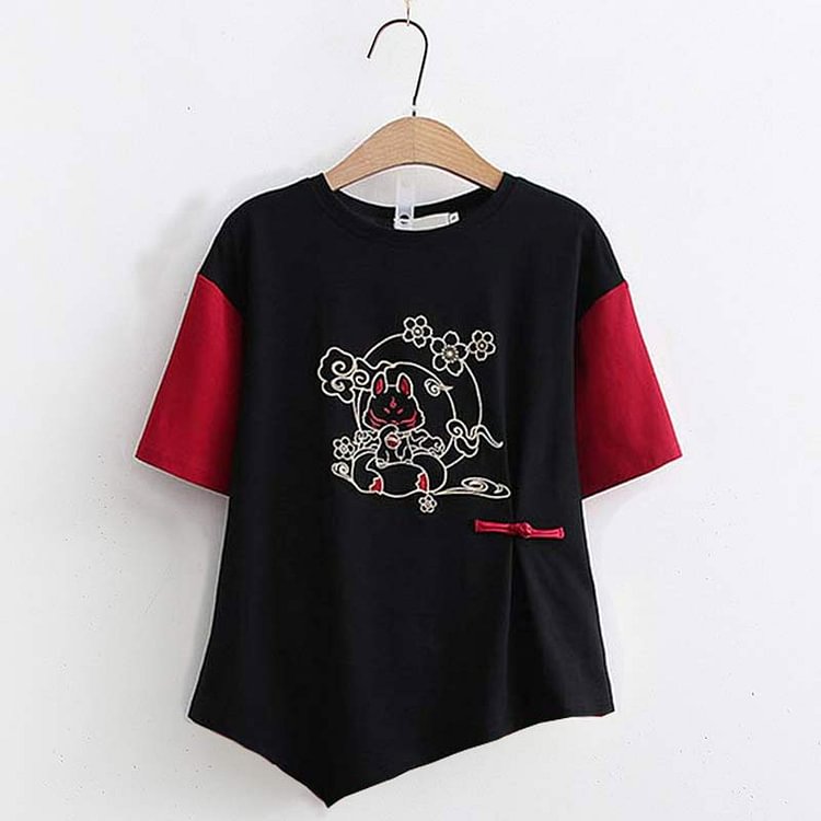 Vintage Fox Embroidery Colorblock T-Shirt Shorts Set - Modakawa modakawa