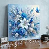 (Framed)Diamond Painting -DIY Round Drill Blue Flowers and Birds with Frame(25x25cm)