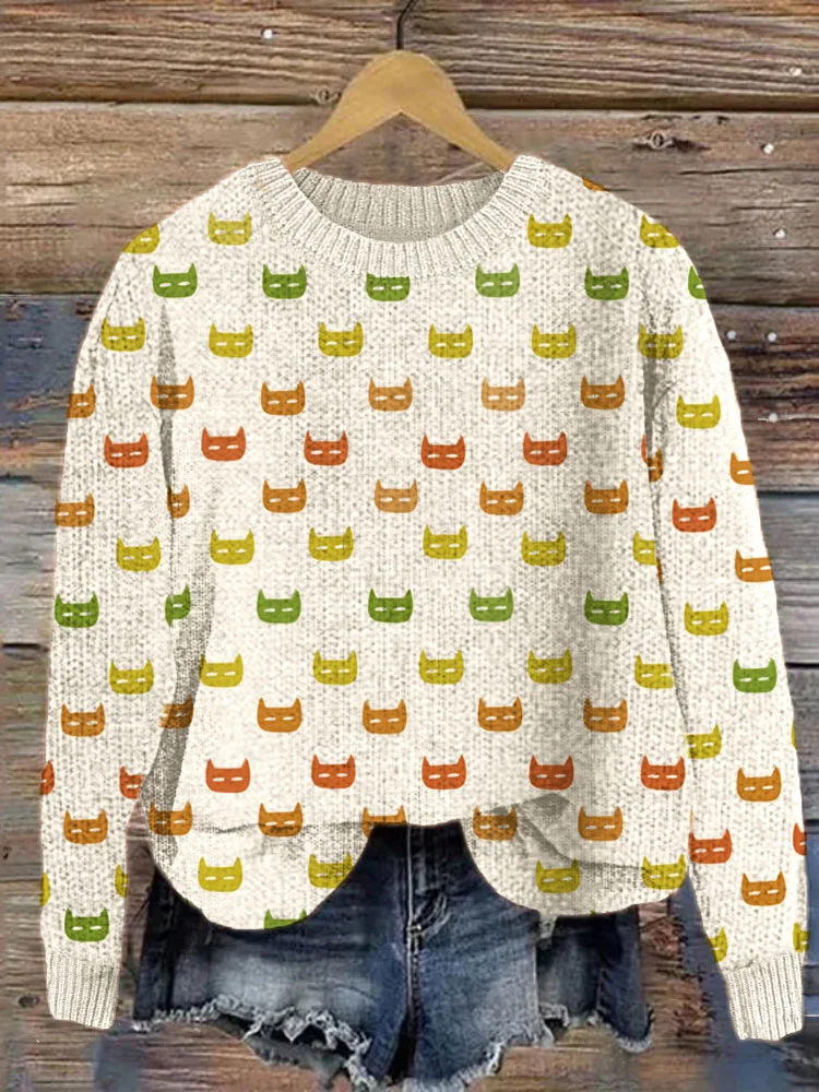 Colorful Cats Pattern Cozy Knit Sweater