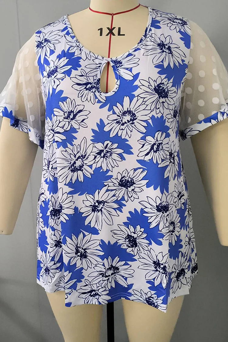 Plus Size Keyhole Floral Print Ruffle Sleeve Mesh Stitching Blouses  Flycurvy [product_label]