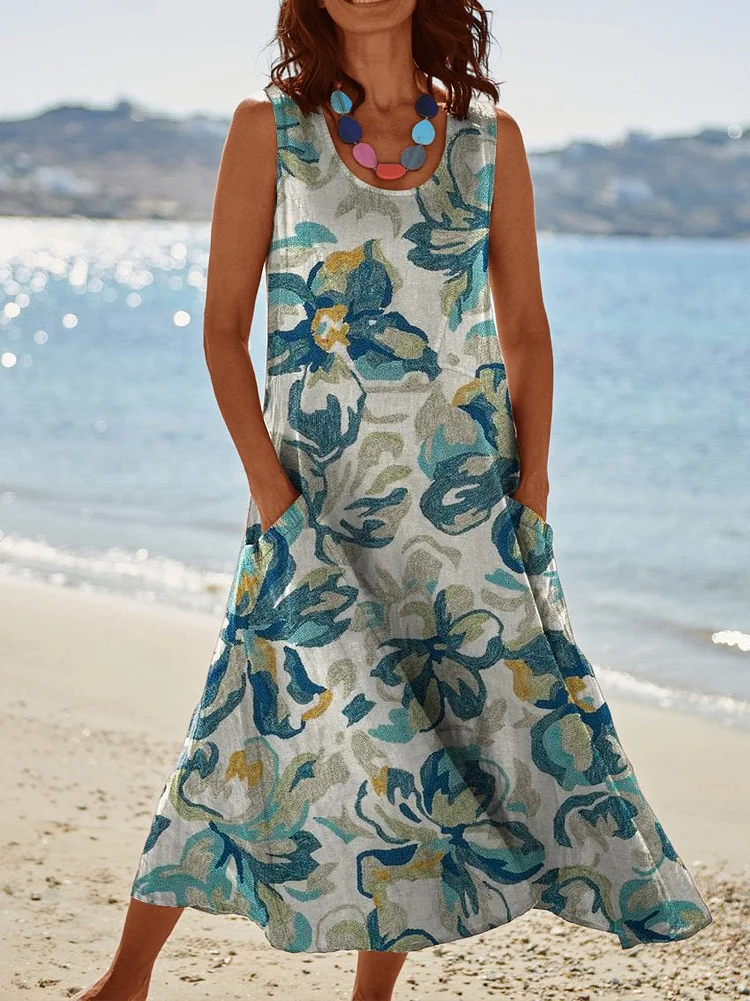 Women's Elegant Retro Flowers Art Print Casual Pocket Pinafore Linen Dress