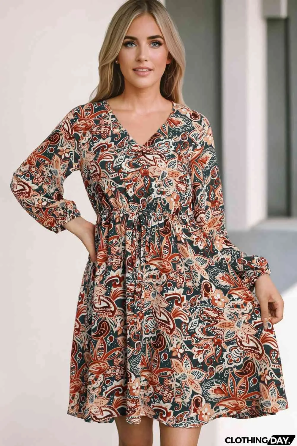 Printed V-Neck Mini Dress