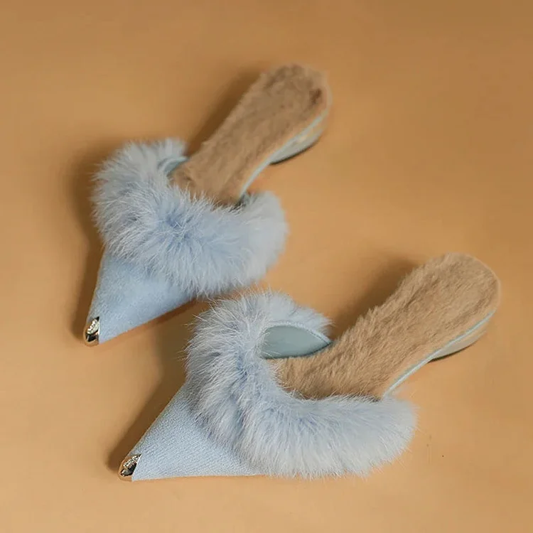 Sexy Chunky Slippers Women Fur Pointed Toe Shoes  Fashion New Winter Party Slingback Velvet Short Boots Female Chaussure
