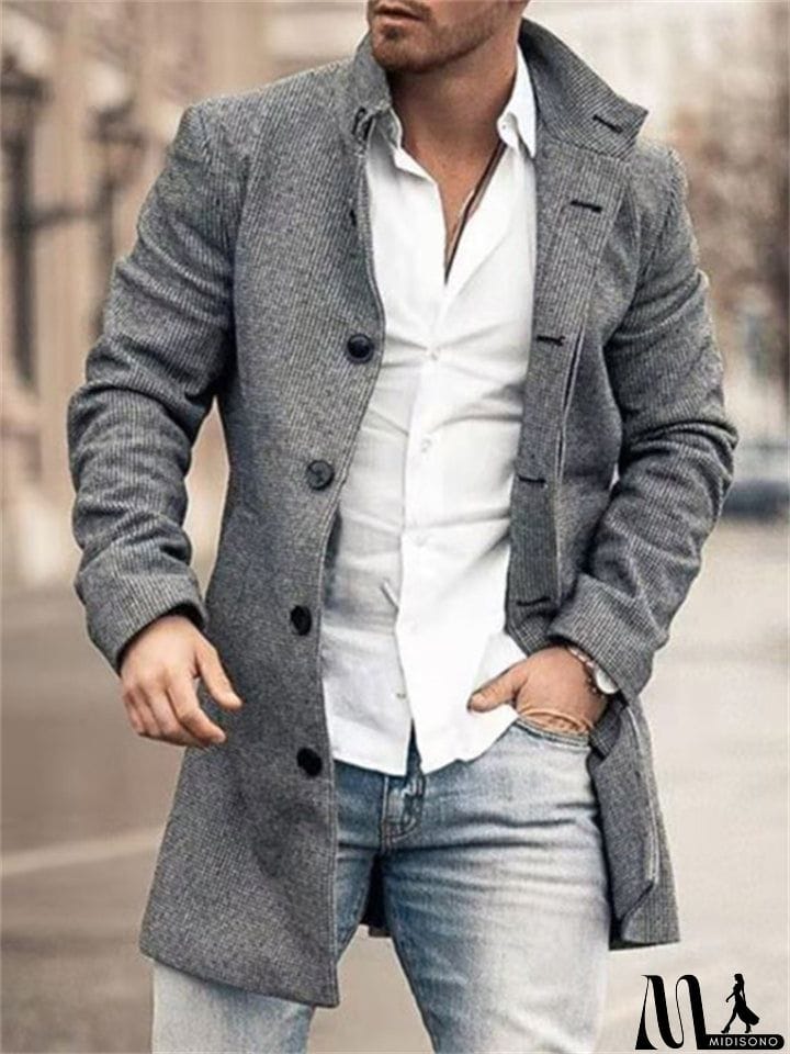 MidiSono - Fashion Stand Collar Mid Length Men's Woolen Coats