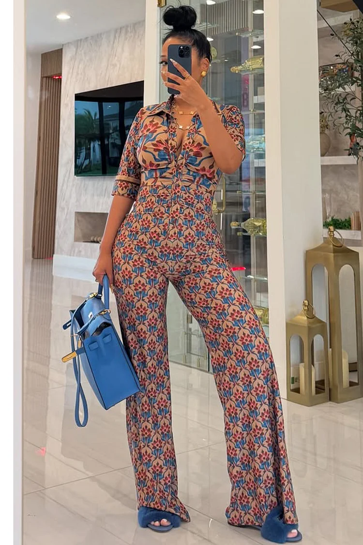 Boho Floral Print Button Up Vacation Wide Leg Jumpsuit-Khaki [Pre Order]
