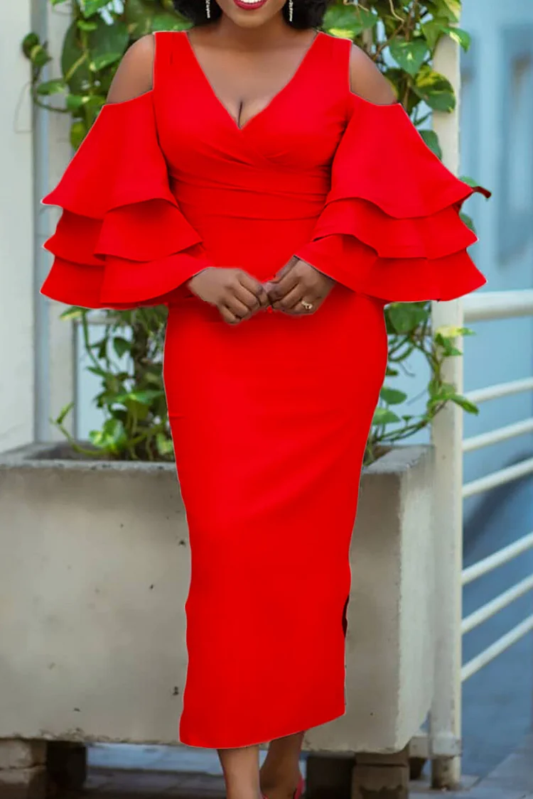 Deep V Neck Cold Shoulder Layered Ruffled Bell Sleeve Fitted Midi Dresses-Red