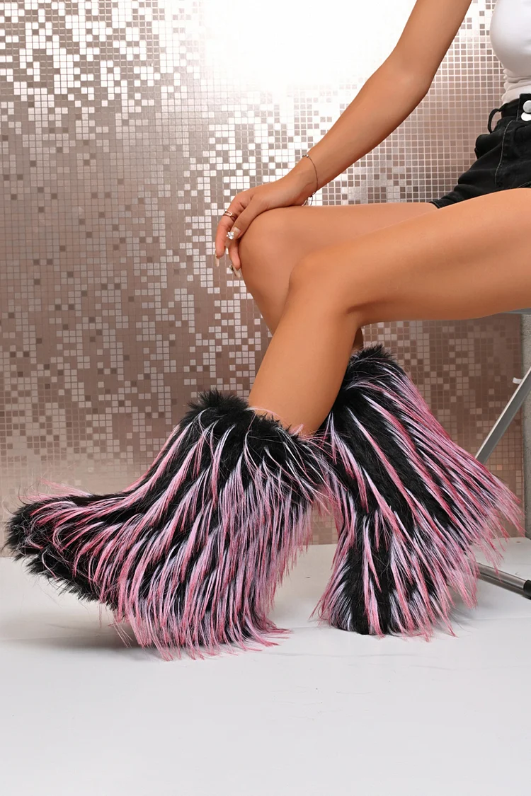 Festival Pink Ombre Furry Faux Fur Platform Round Toe Mid Calf Boots