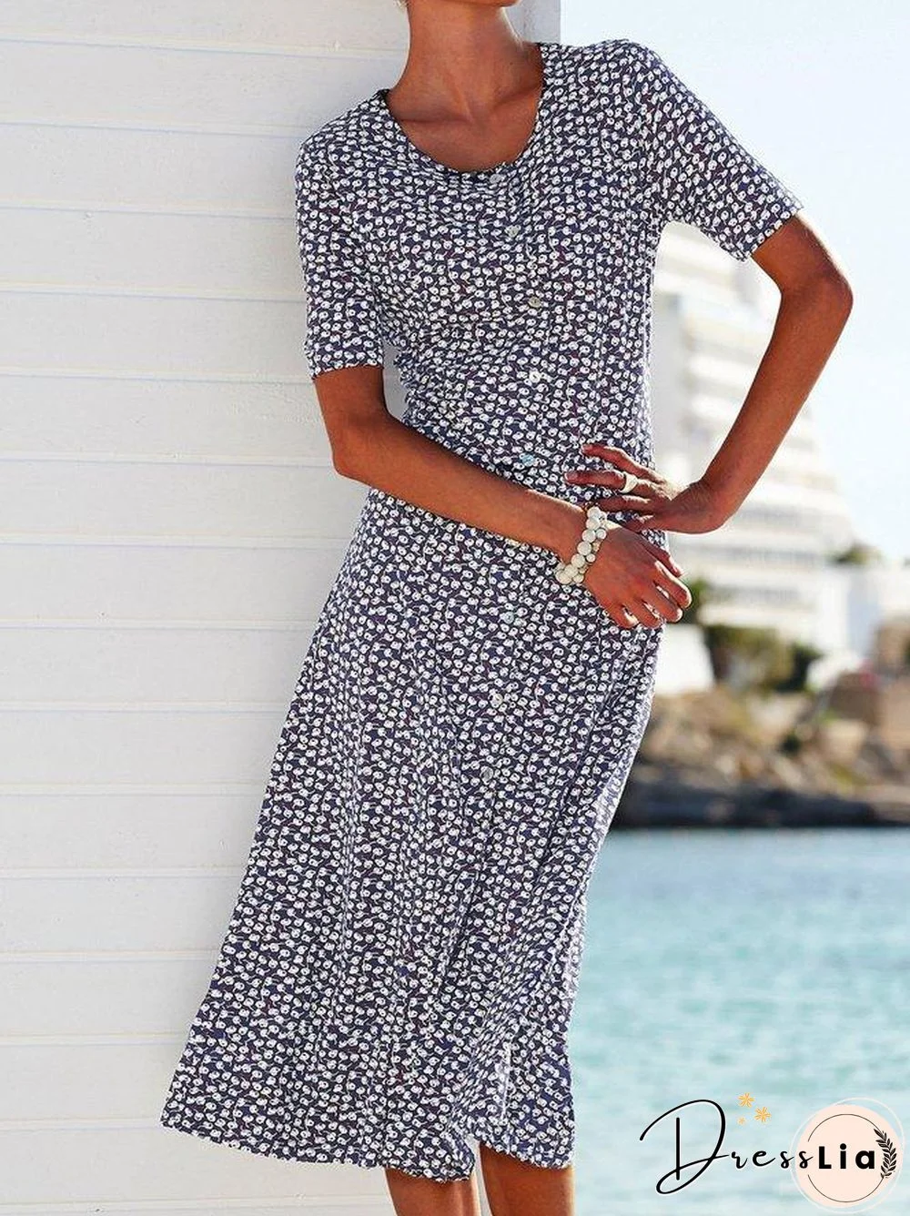 Floral Midi Dress Plus Size Summer Crew Neck Dresses