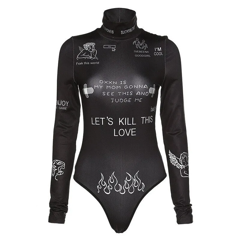 InsGoth Punk Sexy Bodycon Black Bodysuit Gothic Letter Print Long Sleeve Bodysuit Women Harajuku Streetwear Turtleneck Bodysuit