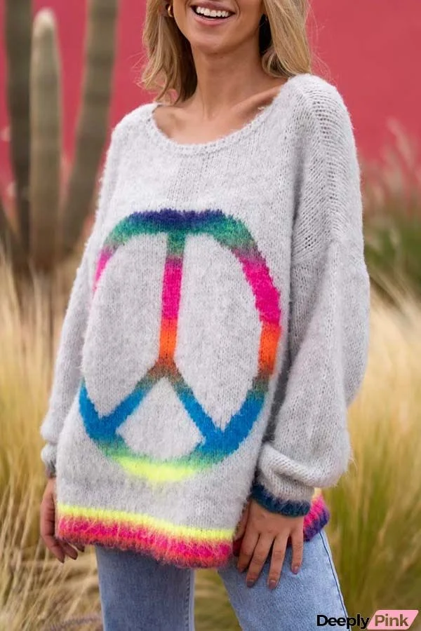 Love and Peace Knit Rainbow Pattern Loose Pullover Sweater