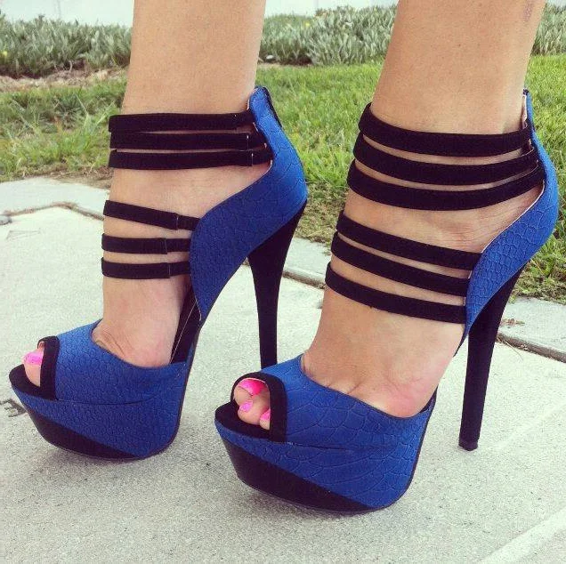 Royal Blue Heels Python Peep Toe Sandals Platform High Heels Shoes |FSJ Shoes