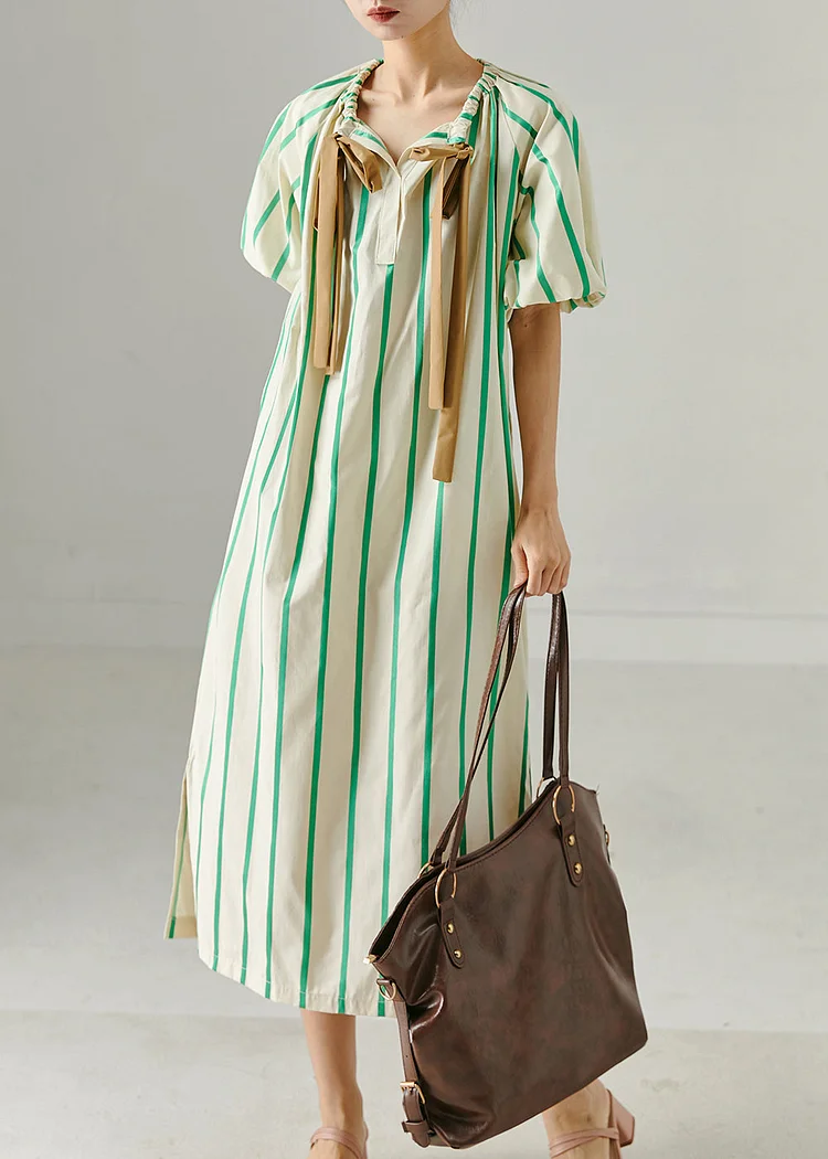Green Striped Cotton Holiday Dress Drawstring Summer