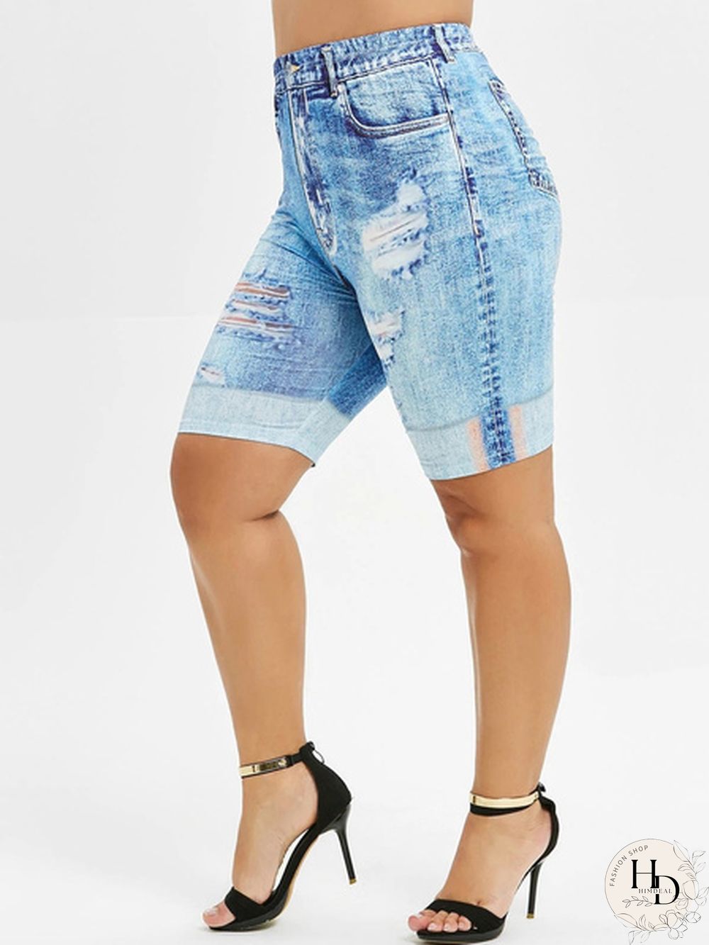 Plus Size Mini Leggings Faux Denim Pants Women Ladies Fashion Shorts Ripped Skinny Jean