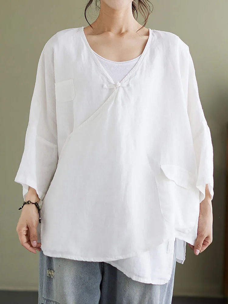 Plus Size Linen Casual String Irregular Women Loose Shirt