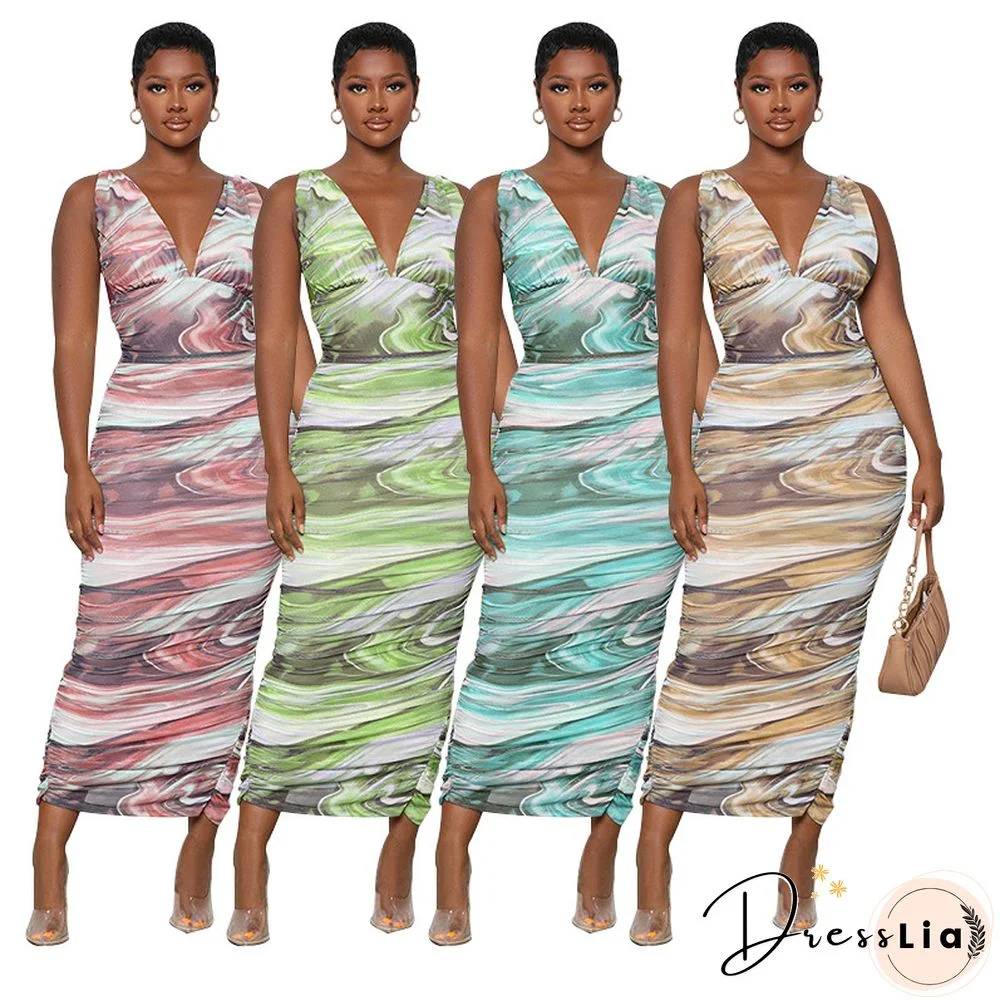 V-neck Backless Sleeveless Tree Print Fashion Casual Dress