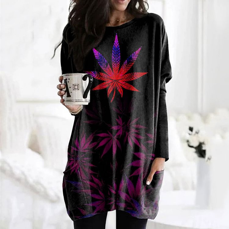 Vefave Casual Gradient Leaf Print Long Sleeve Tunic