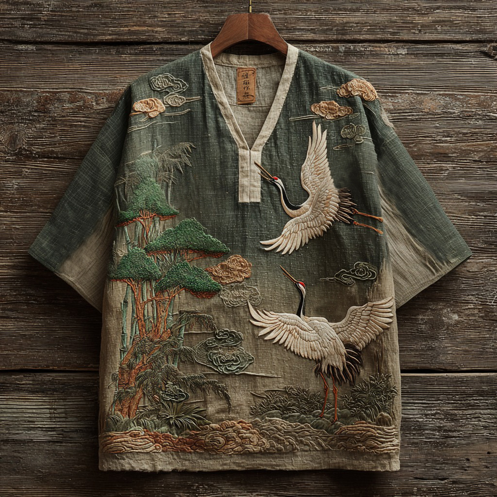 Japanese Crane And Landscape Embroidered V-neck Linen Shirt  artssus