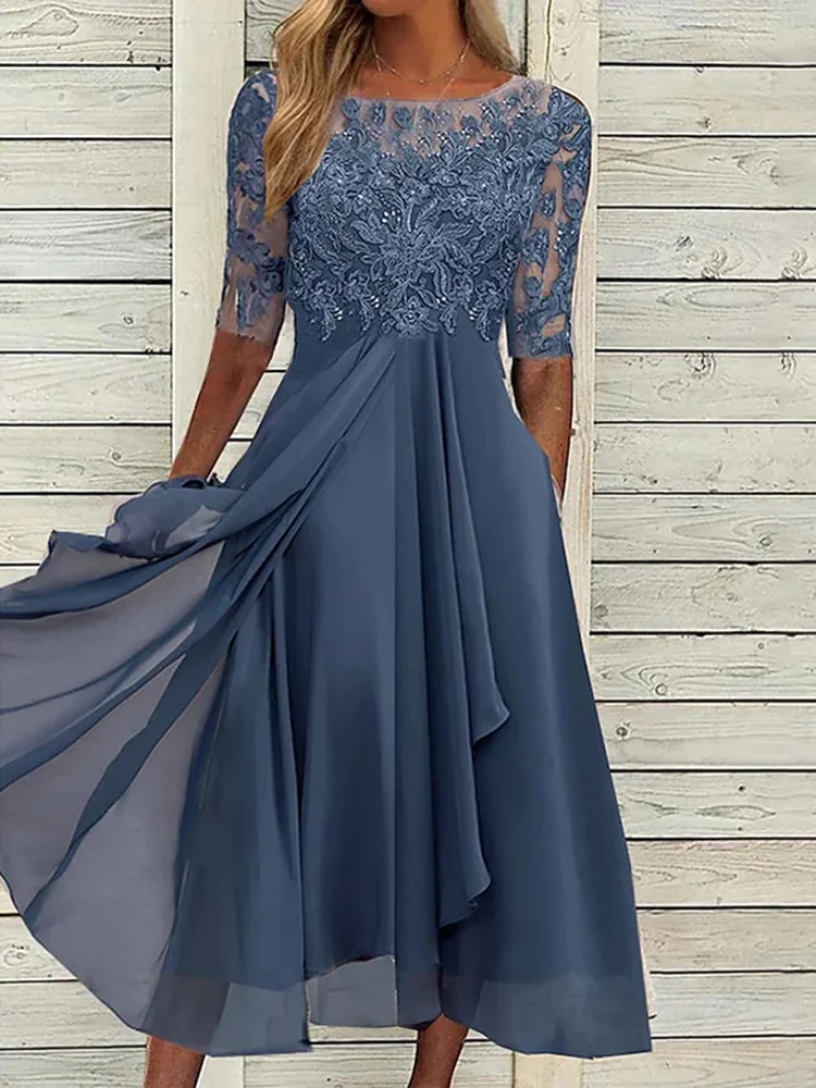 Elegant High Waist Lace Panel Midi Dress