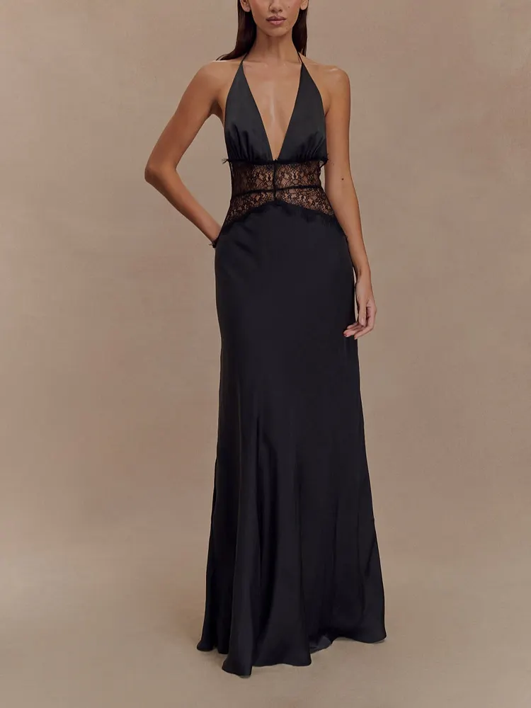 Deep V silk satin maxi dress with halterneck