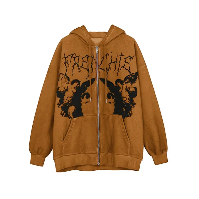 Xingqing Women Full Zip Hoodies Fashion Portrait Print Long Sleeve Loose Sweatshirt Tops Y2K Aesthetic Ladies Clothes Streetwear
