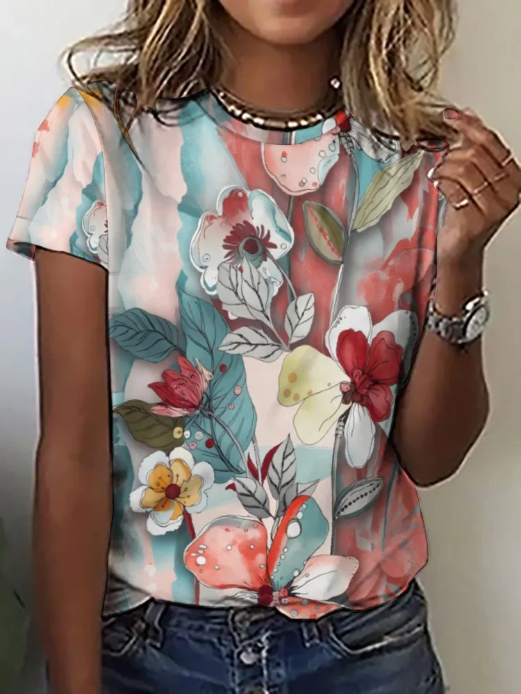 Printed Short Sleeve Casual T-shirt for  Women and Men Unisex Pattern Floral, Pink, Gray