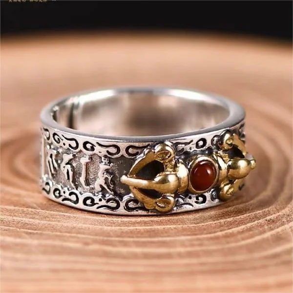 Sterling Silver Six Character Truth Vajra Pestle Red Cinnabar Protection Ring