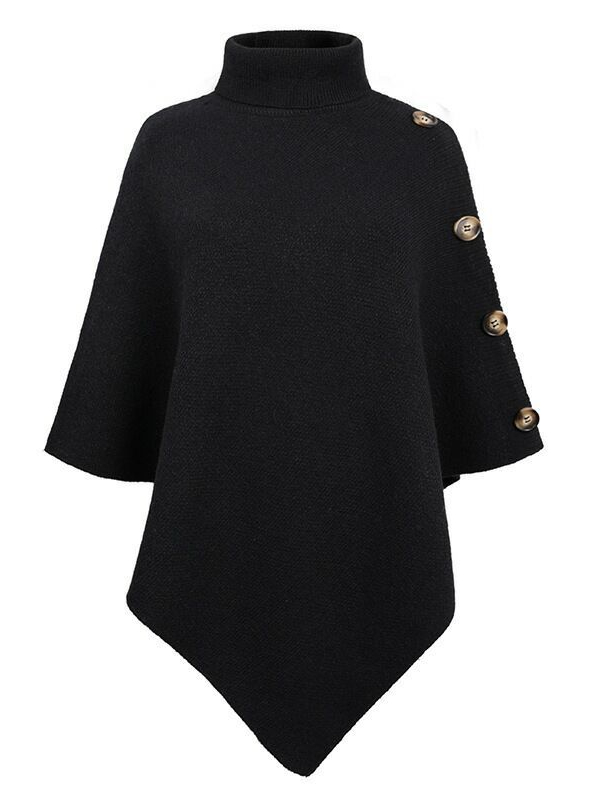 Casual Solid Color Buttoned Stand Collar Asymmetrical Sweater Cape
