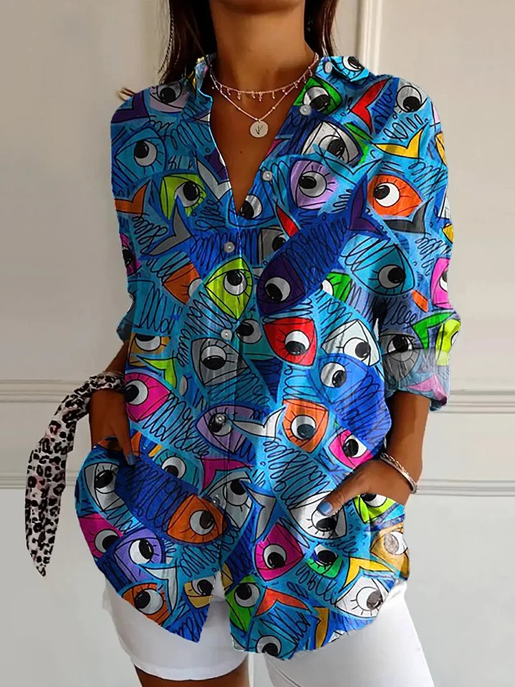 Hand Drawing Style Fish Pattern Printed Women's Casual Cotton Shirt