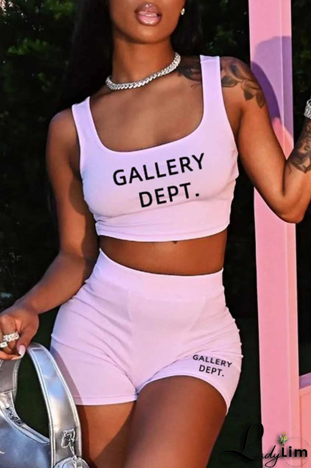 Light Blue Street Print Letter U Neck Sleeveless Two Pieces