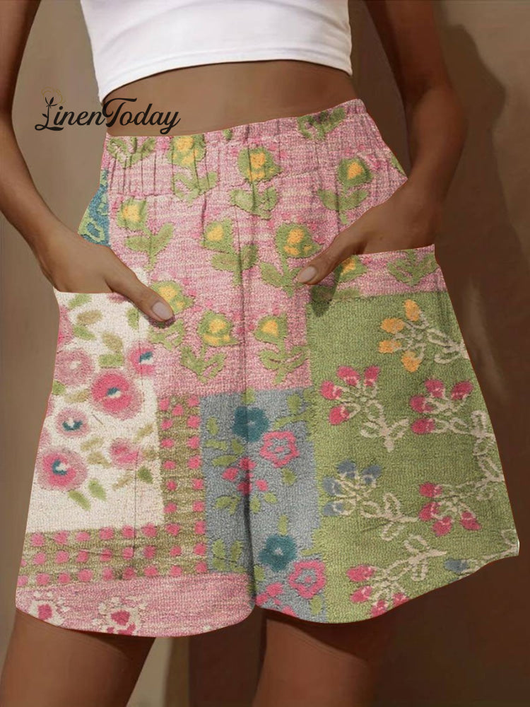 Women’s Vintage Cute Pink Green Floral Print Casual Palazzo Pants Multicolor / S