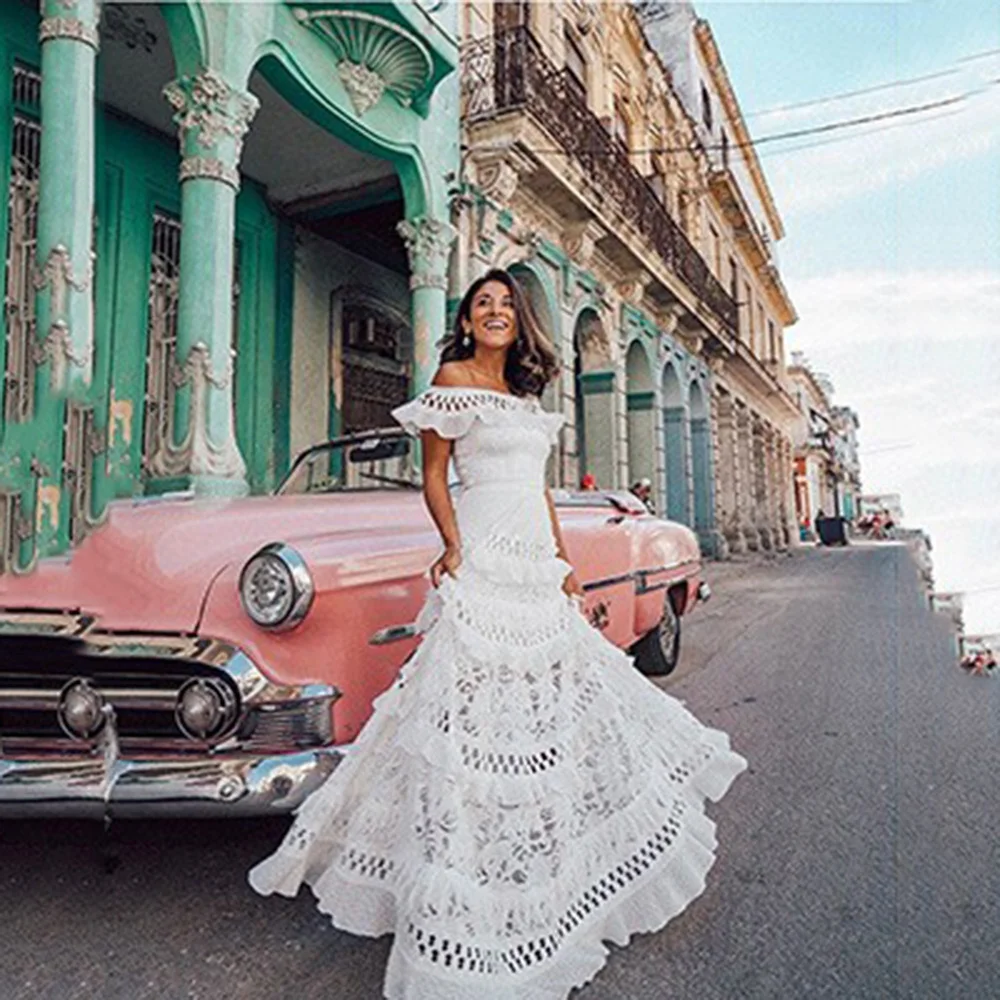 Nigikala Summer New Women's Dress A Word Shoulder Lotus Side Hollow Lace Dress Dress