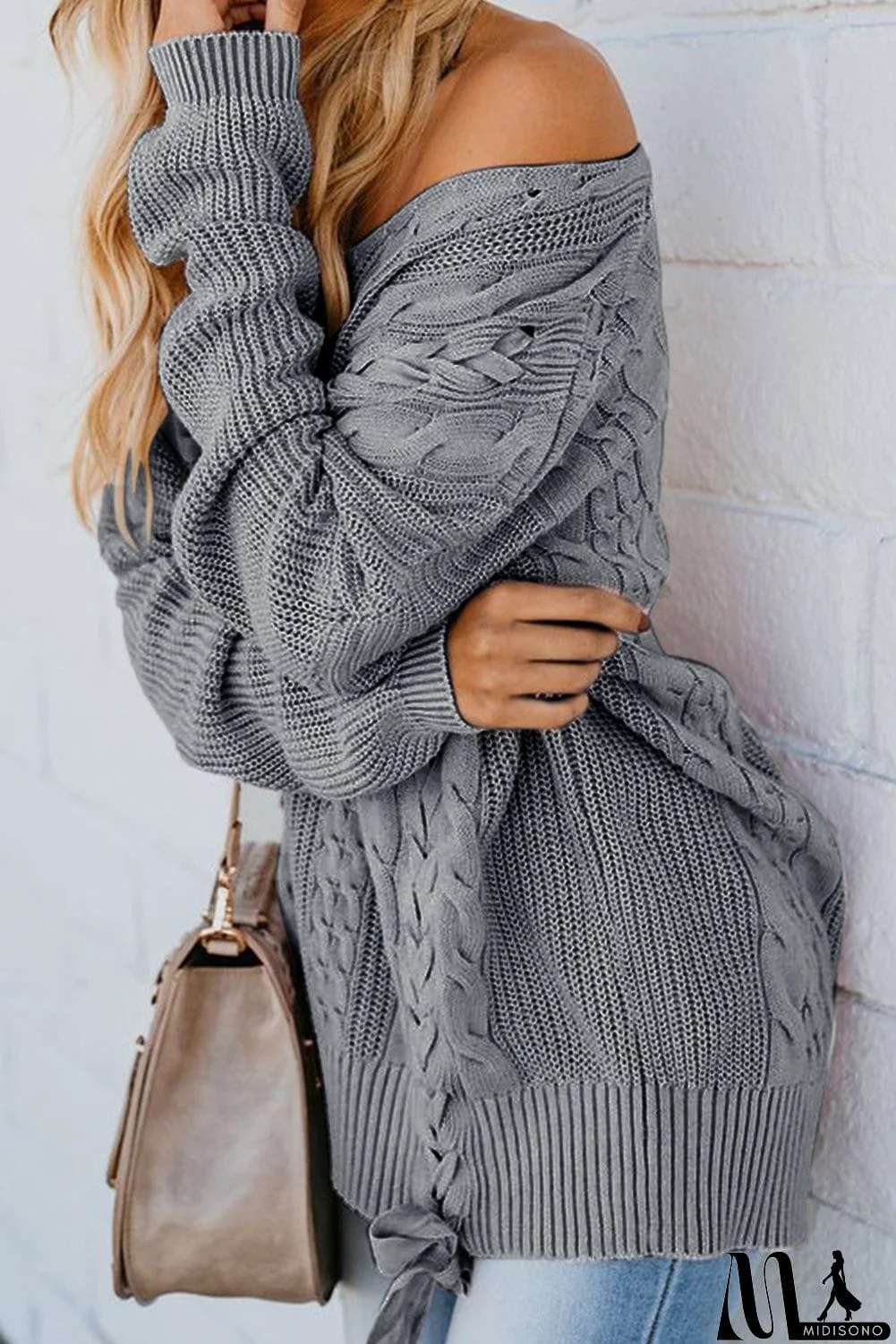 MidiSono - Love Letters Cable Knit Lace Up Sweater