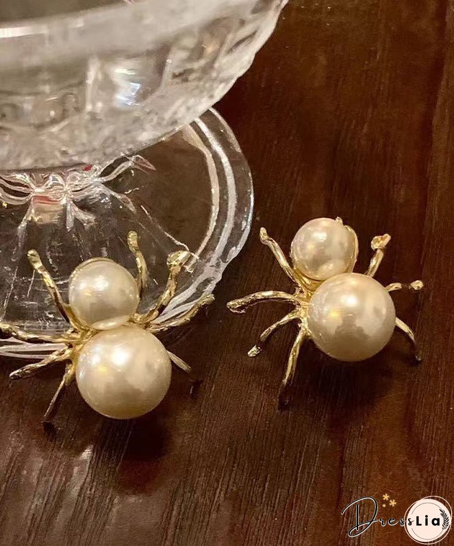 Unique White Sterling Silver Alloy Pearl Spider Stud Earrings