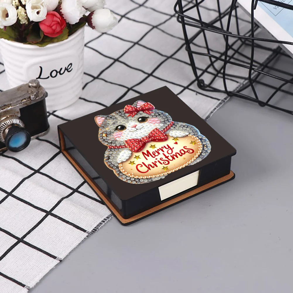 5D DIY PU Diamond Art Note Box with 160 Sheets Paper Memo Pad Holder Kit (Cat)