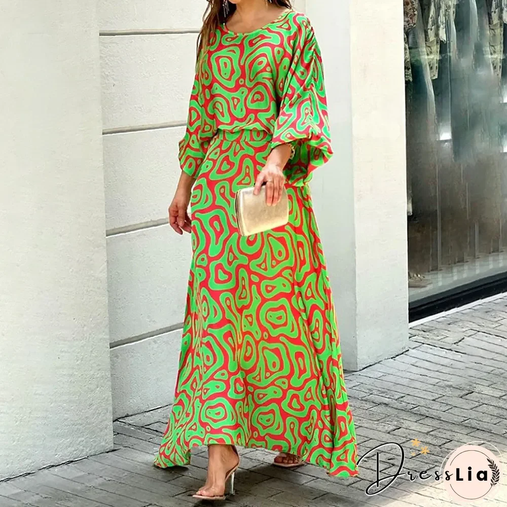 Women's Two Piece Round Neck Printed Long Lantern Sleeve Shirt Long Sleeve Top + High Waist Long Skirt Set