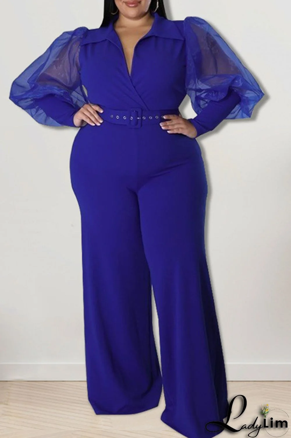 Blue Casual Solid Patchwork V Neck Plus Size Jumpsuits