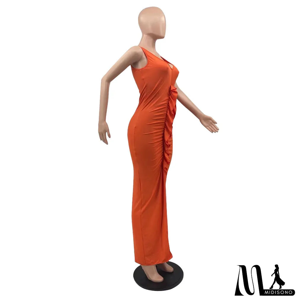 MidiSono - Solid Sleeveless V Neck Ruffled Split Maxi Dress